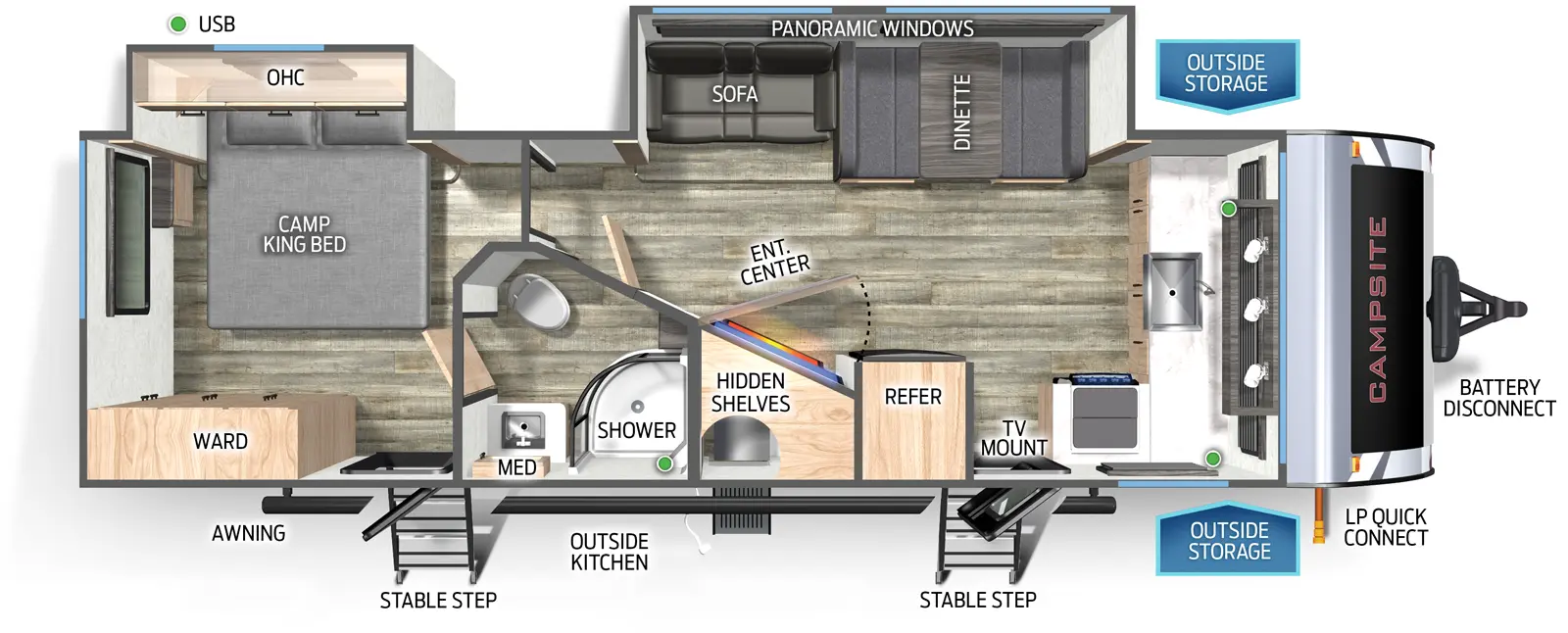 The Campsite Ultra 26BW floorplan has two entries and two slide outs. Exterior features include: fiberglass exterior and outside kitchen. Interiors features include: front kitchen and rear bedroom.